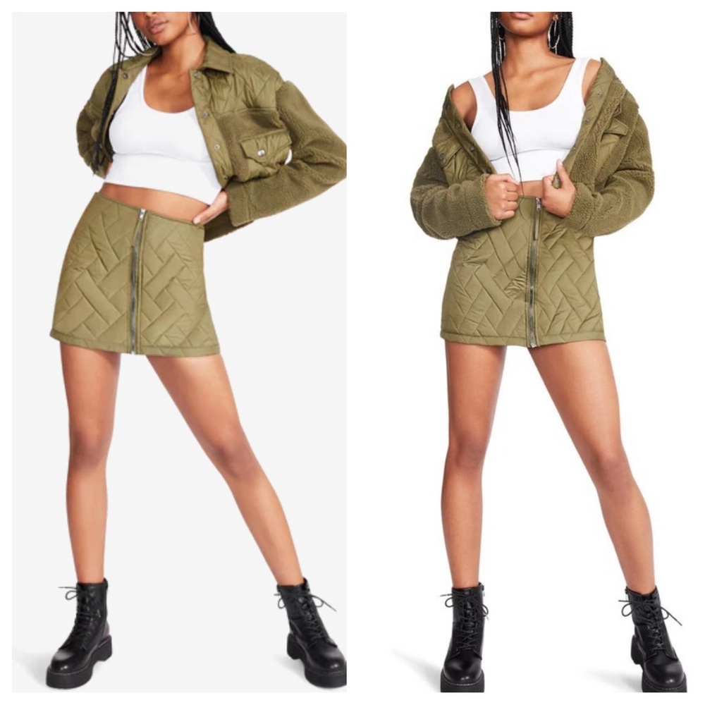 Steve Madden Emerson Army Green Quilted Full Zip Mini Skirt Size 4